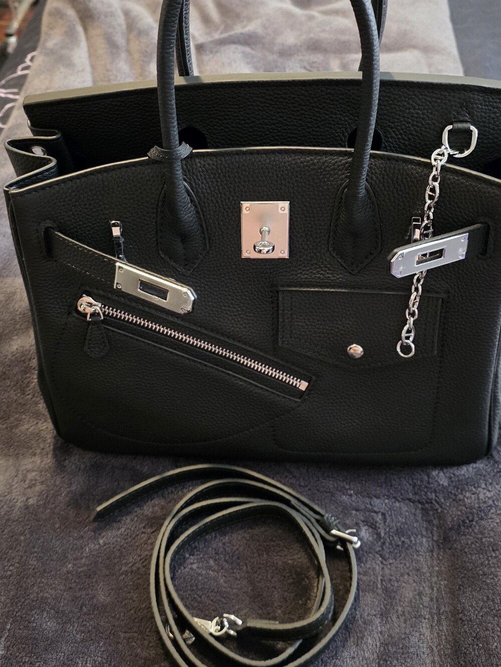 Black Firkin Rock Satchel Handbag with Silver Hardware 25cm - Picture 3 of 6